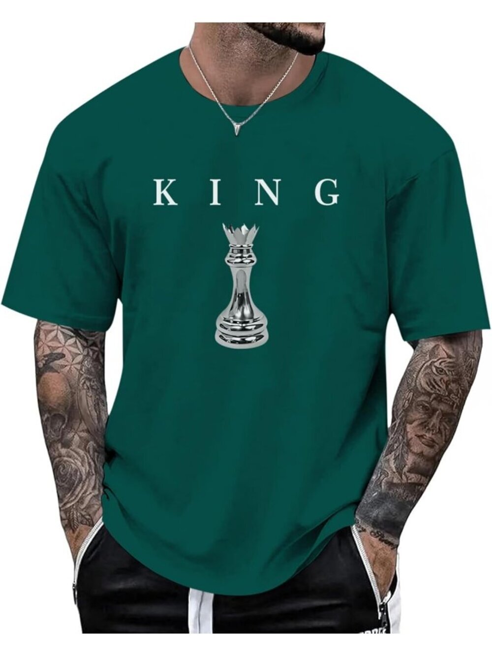 Men's Green King Chess Shirt Graphic Tee Designer Printed Urban Streetwear Top